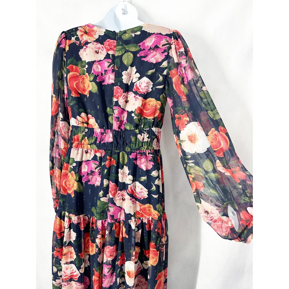 Eliza J Metallic Clip Dot Floral Navy Chiffon Fit Flare Maxi Dress Womens Size 8 - Picture 7 of 14